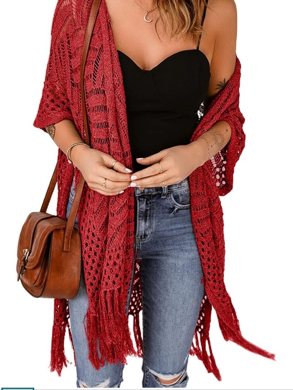 Red Open Knit Cardigan Summer Spring Shawl Cover Up One Size